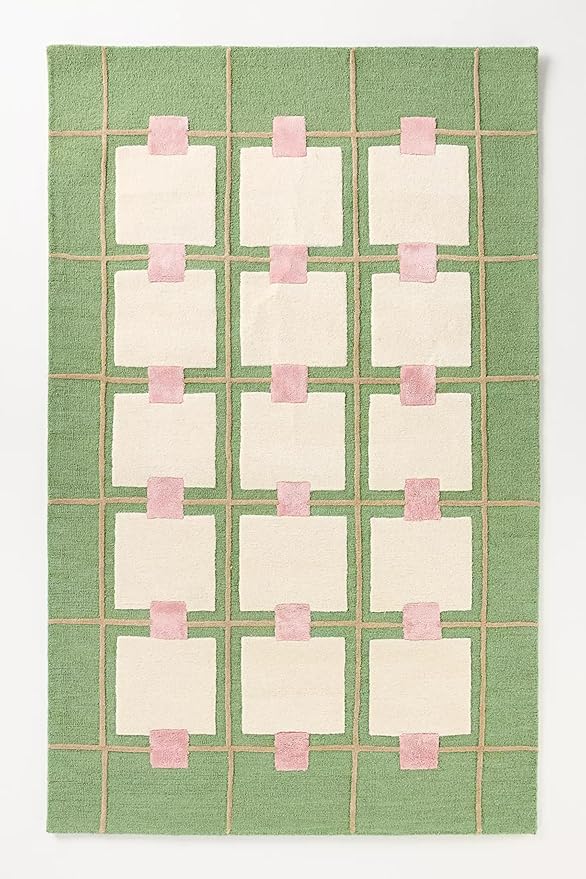 Greer Wool Area Rug - Soft Hand-Tufted Geometric Design with Pink and Green Color Palette, Perfect for Modern Home Decor (4x7 Ft)