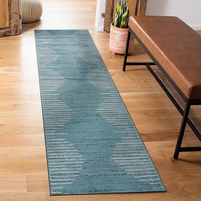 Rugshop Bohemian Stripe Stain Resistant High Traffic Living Room Kitchen Bedroom Dining Home Office Area Rug 2' x 7' Blue