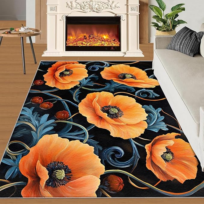 6x9 Poppy Living Room Rug - Retro Florals Art Bedroom Carpet, Rustic Flowers Art Classroom Rug for Carpet Boy Bedroom Office Nursery Hardwood Home Decor