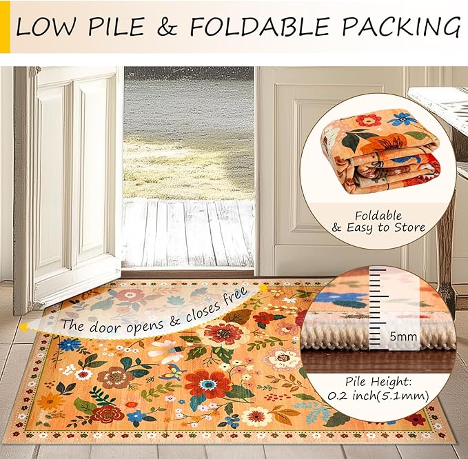 Floral 9x12 Area Rug Machine Washable Soft Print Boho Carpet Non Slip Doormat Low Pile Flower Area Rugs for Living Room Bedroom Nursery Kitchen Dining Room Indoor-Yellow/Orange