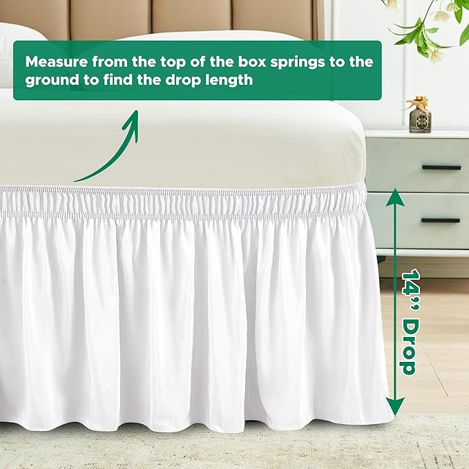 Biscaynebay Wrap Around Bed Skirts for Queen Beds 14" Drop, White Adjustable Elastic Dust Ruffles Easy Fit Wrinkle Resistant Silky Luxurious Fabric Machine Washable