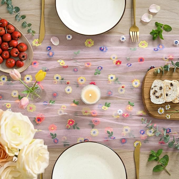 Artoid Mode Pink Embroidery Daisy Spring Gauze Table Runner 59x120 Inch 10FT, Seasonal Sheer Kitchen Dining Holiday Wedding Birthday Table Decor for Home Party