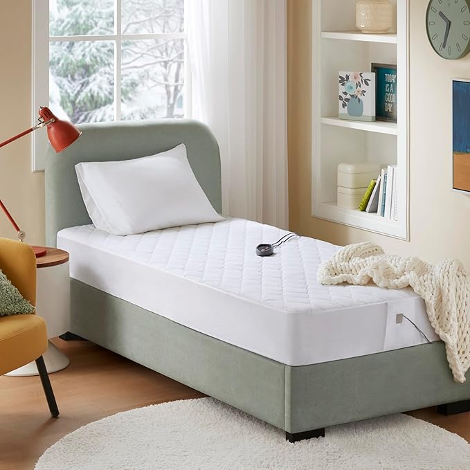 Beautyrest Cotton Blend Heated Mattress Pad Secure Comfort Technology - Luxury Quilted Electric Mattress Pad with Deep Pocket - 5-Setting Heat Controllers, Twin, White
