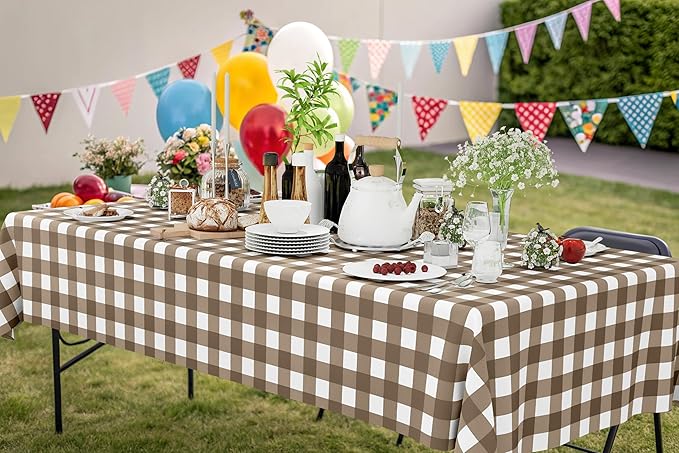 Smiry 3 Pack Brown Gingham Disposable Tablecloths - 54" x 108" Heavy Duty Plastic Table Cloth, Waterproof Buffalo Plaid Table Covers for Picnic, Banquets, Outdoor Parties