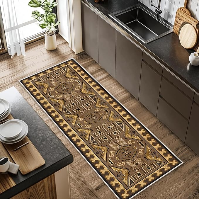 Brown Geometric Runner Rug, 3x8ft Hallway Runner Washable Rug, Corridor & Foyer High-Traffic Rugs, Indoor Durable Non-Slip Mat, Vintage Southwestern Decorative Home Carpet