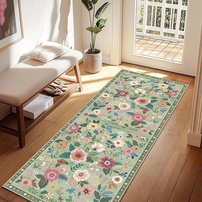 Floral 2x6 Area Rug Machine Washable Soft Print Boho Carpet Non Slip Doormat Low Pile Flower Area Rugs for Living Room Bedroom Nursery Kitchen Dining Room Indoor-Light Green