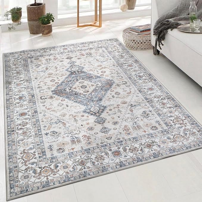 Washable Vintage Area Rug 5x7 - Soft Traditional Farmhouse Ultra-Thin Rug for Living Room, Bedroom, Dining Room and Home Office - Distressed Oriental Reto Indoor Floor Carpet Rug…