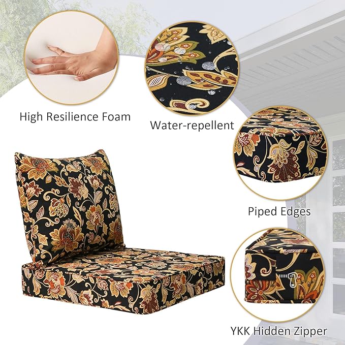 Outdoor Patio Chair Cushions Set, 24" x 24", Set of 2, Water-Repellent, Fade Resistant, Deep Seat Bottom and Back Cushion for Backyard, Couch, Sofa and Patio Furniture, Red Yellow Vine Flower