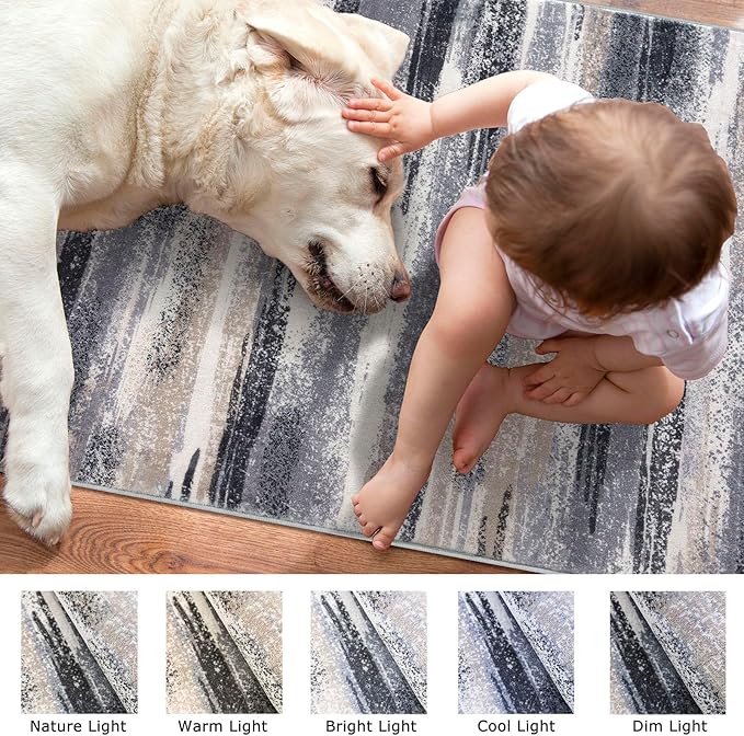 Modern Abstract 9x12 Large Machine Washable Living Room Rug Non-Slip Soft Bedroom Area Rug Grey Black Multi Ultra Thin Print Faux Wool Carpet Throw Rugs for Nursery Playroom Dining Room Indoor