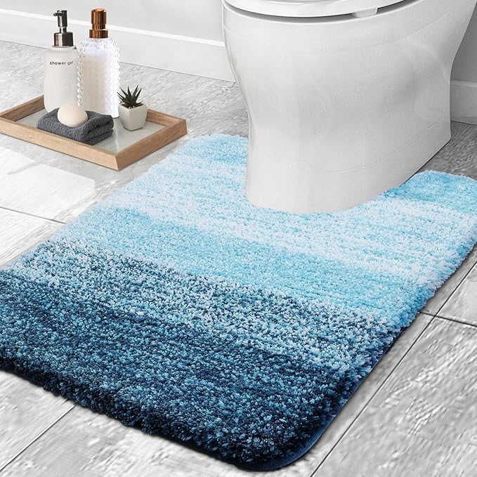 OLANLY Luxury Toilet Rugs U-Shaped 24x20, Extra Soft and Absorbent Microfiber Bathroom Rugs, Non-Slip Plush Shaggy Bath Mat, Machine Wash Dry, Contour Bathroom Mats for Toilet Base, Peacock Blue