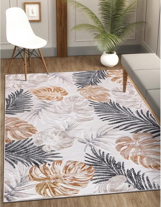 CAMILSON Indoor Outdoor Rug, Yellow 9’x12’ Leaf Tropical Botanical Area Rugs for Indoor and Outdoor patios, Easy-Cleaning Non-Shedding Living Room, Garden and Kitchen Washable Outside Carpet (9x12)