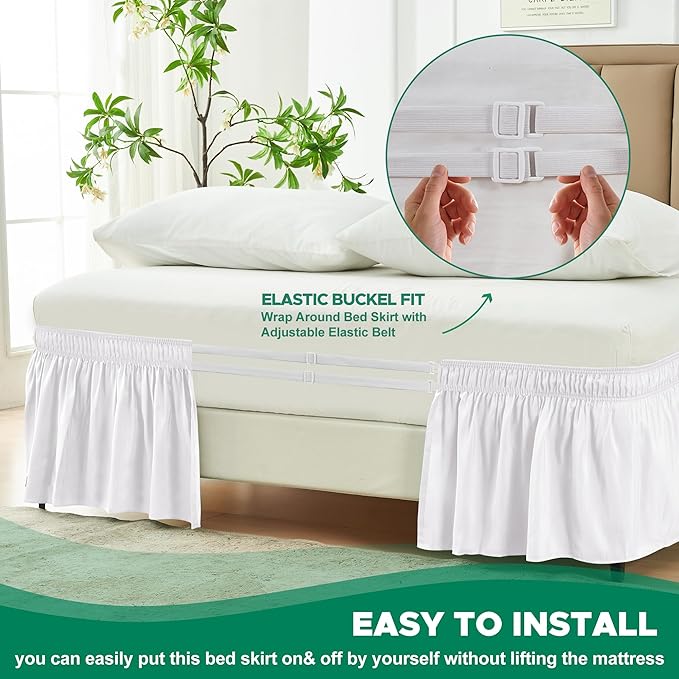 Biscaynebay Wrap Around Bed Skirts for King & Cal King Beds Extra Long Drop of 21", White Adjustable Elastic Dust Ruffles Easy Fit Wrinkle Resistant Silky Luxurious Fabric Machine Washable