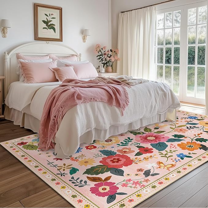 Floral 6x9 Area Rug Machine Washable Soft Print Boho Carpet Non Slip Doormat Low Pile Flower Area Rugs for Living Room Bedroom Nursery Kitchen Dining Room Indoor-Pink