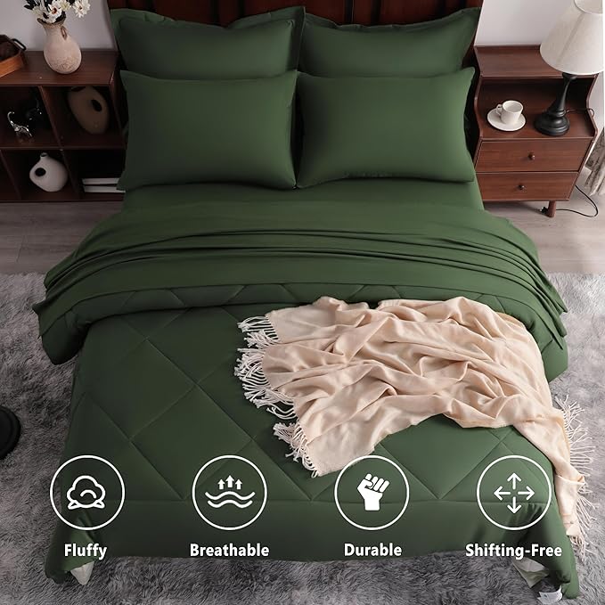 NTBAY Queen Comforter Set with Sheets, 7 Pieces Soft and Breathable Queen Bedding Set, Bed in a Bag, Down Alternative Comforter Set Solid Color All Season, Queen Bedding Set, Olive Green