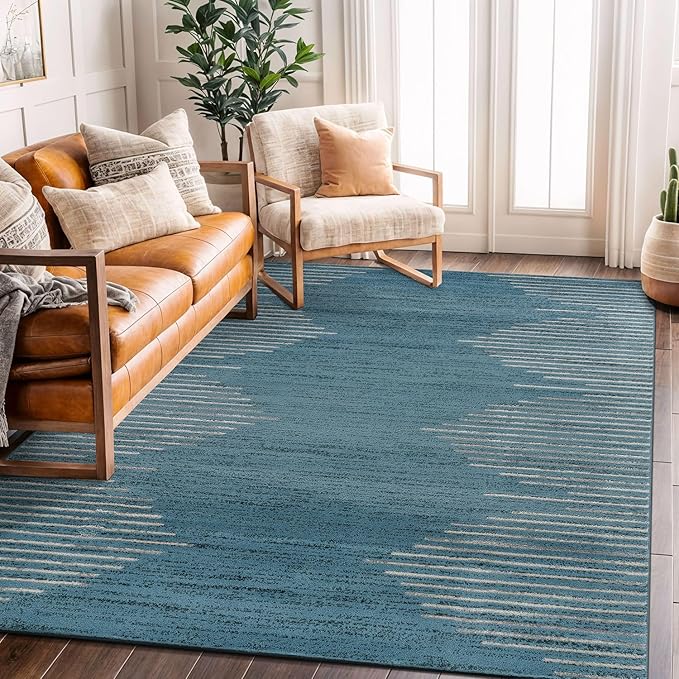 Rugshop Bohemian Stripe Stain Resistant High Traffic Living Room Kitchen Bedroom Dining Home Office Area Rug 5' x 7' Blue