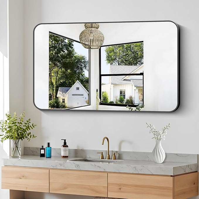 BONEWEI 30x48 inch Bathroom Mirror,Black Rectangle Mirror,Wall Mounted Bathroom Frame Vanity Mirror with Round Corner for Bedroom Living Room, Entryway Hangs Horizontal or Vertical