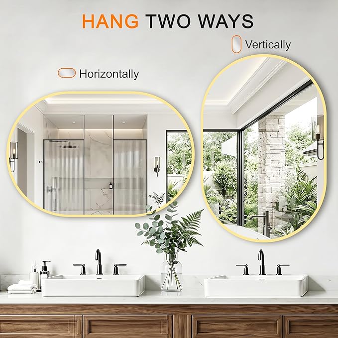 TRAHOME Oval Bathroom Mirror, 2 Pack 24"x36" Gold Vanity Mirror for Over Sink, Bedroom, Living Room, Entryway, Modern Mounted Metal Frame Wall Mirror