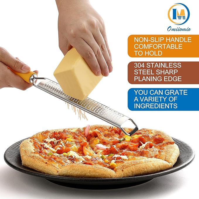 OIM Omiiomio Lemon Zester & Heavy Duty Cheese Grater & Vegetable Grater — Parmesan Cheese Lemon, Garlic, Nutmeg, Chocolate, Fruits, Vegetables, Ginger - Cheese Shredder & Stainless Steel Grater