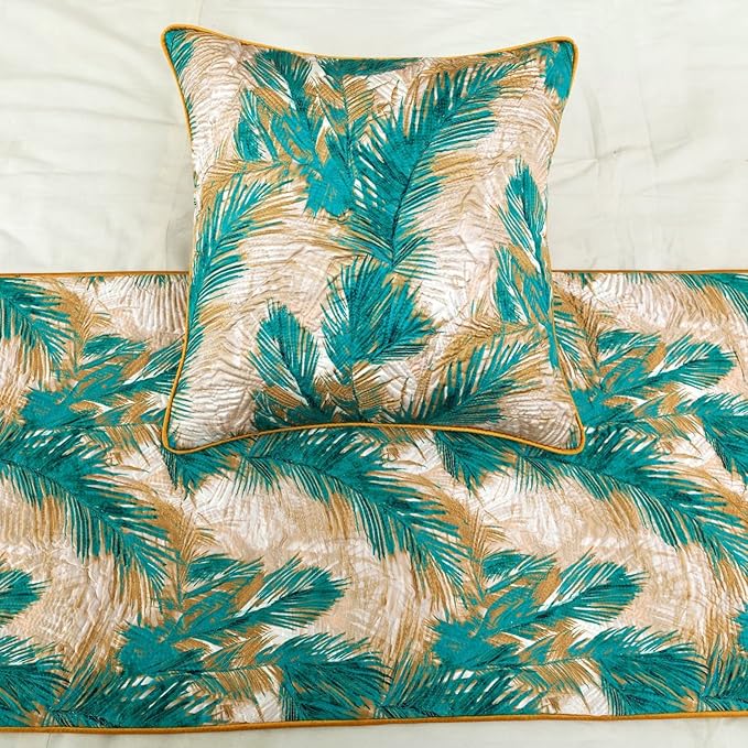 The HomeCentric King/Queen/Twin Green Decorative King 90"x18" Bed Runner with Pillow Cover, Plam Leaves & Quilted Bed Scarf on Satin Fabric - Palms
