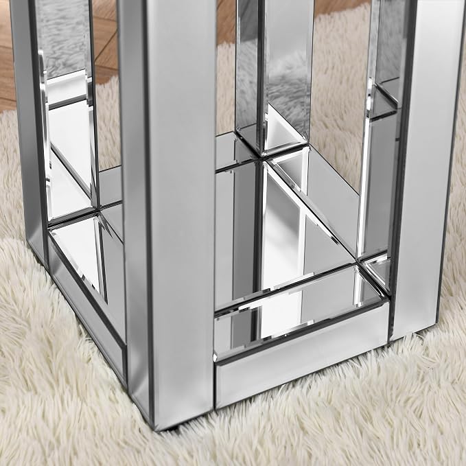 Mirrored End Table Square with Crystals, 2-Tier Modern Small Sofa Table with