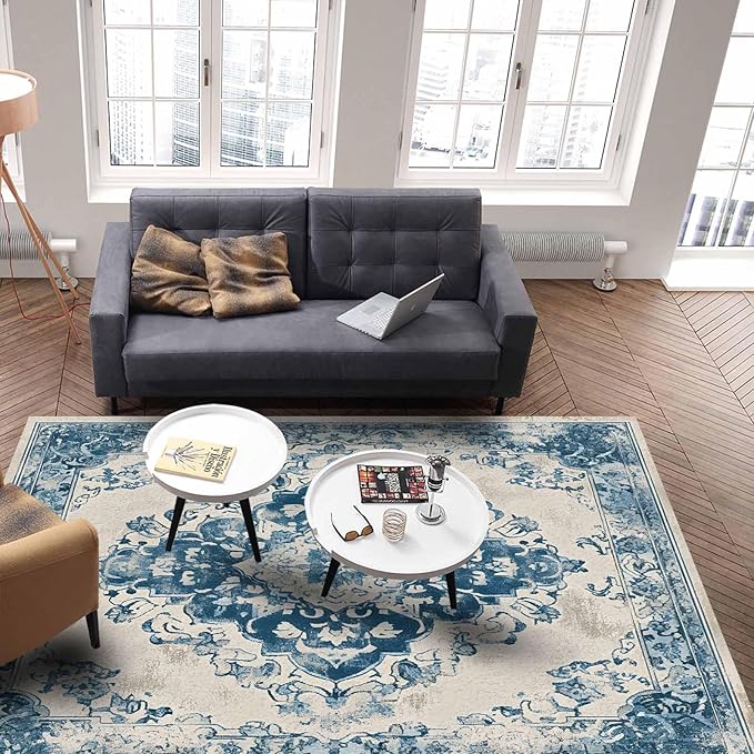 Blue Bohemian Rectangular Area Rugs for Living Room Bedroom 4 x 6 ft Vintage Farmhouse Floral Pattern Non-Shedding Soft Low Pile Rug Non Slip Washable Rug for Nursery Entryway Playroom