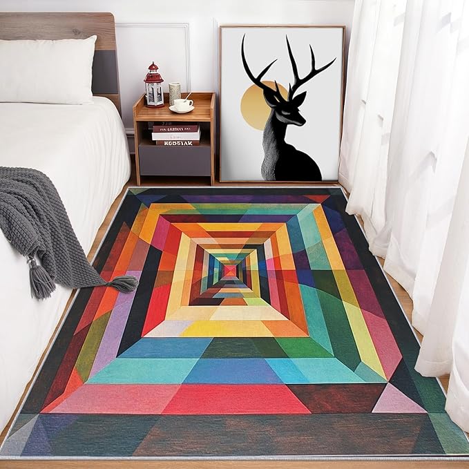3x5 Colorful Geometry Rugs for Bedroom Decor, Washable Abstract Geometric Pattern Area Rug, Living Room Home Decoration, Non Slip Soft Thin, Abstract Art Decor Carpet PF-P 49