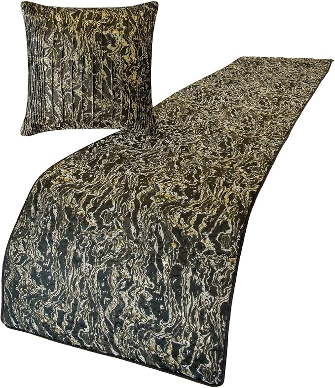 The HomeCentric King/Queen/Twin Black Decorative Bed Runner Full 68"x18" Bed Runner with Two Pillow Cover, Marble Pattern, Pintucks, Quilted Bed Scarf on Jacquard Fabric - Stellaris