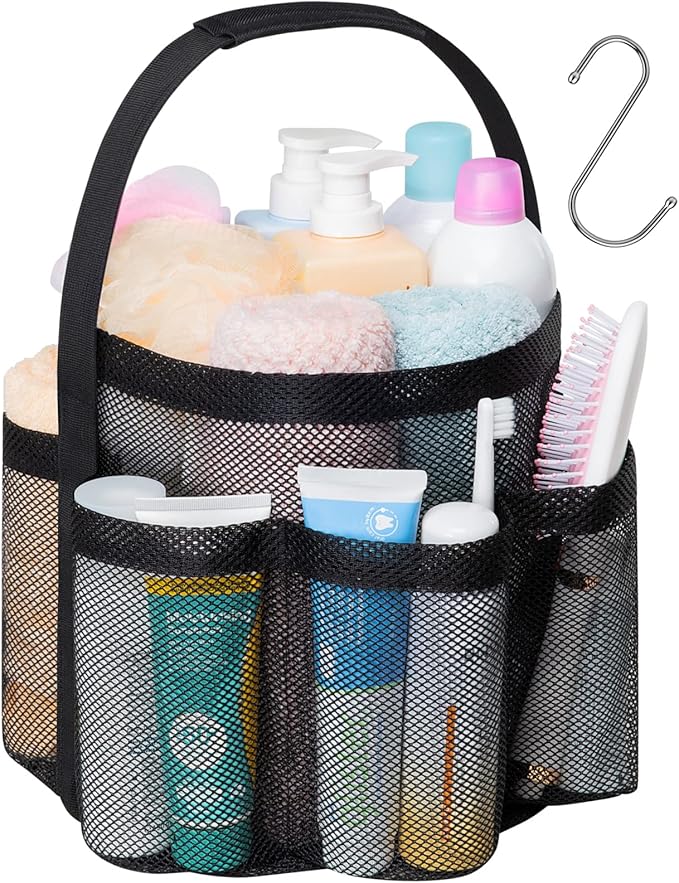 F-color Mesh Shower Caddy Portable, Large Capacity Shower Bag Basket Tote for College Dorm Room Toiletry Gym Rv Essentials, Bathroom Caddy Bag with S Hook, Black