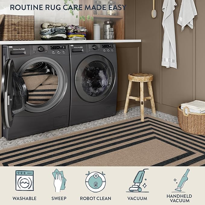 Lahome Modern Geometric Easy Jute Entryway Rug, 4x6 Black Washable Carpet for Bedroom Contemporary Thin Living Room Patio Rug, Farmhouse Non Slip Indoor Outdoor Carpet for Dining Room Backyard