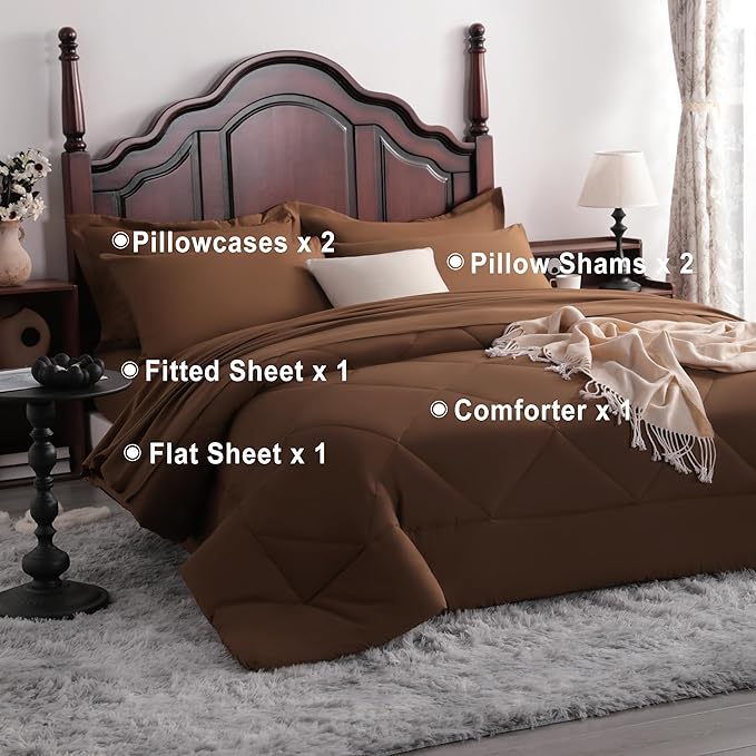 NTBAY King Comforter Set with Sheets, 7 Pieces Soft and Breathable King Bedding Set, Bed in a Bag, Down Alternative Comforter Set Solid Color All Season, King Bedding Set, Brown