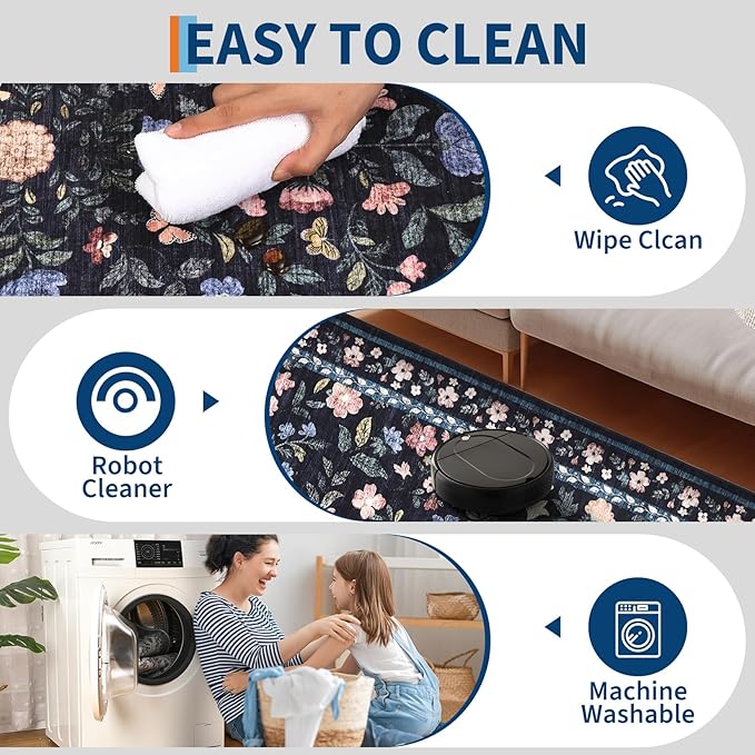 Washable Runner Rug 2.5 x 8 Non-Slip Non-Shedding Soft Vintage Bedside Low Pile Farmhouse Floral Carpet, Indoor Foldable Printed Entryway Rug for Hallway Kitchen, Dark Grey Blue