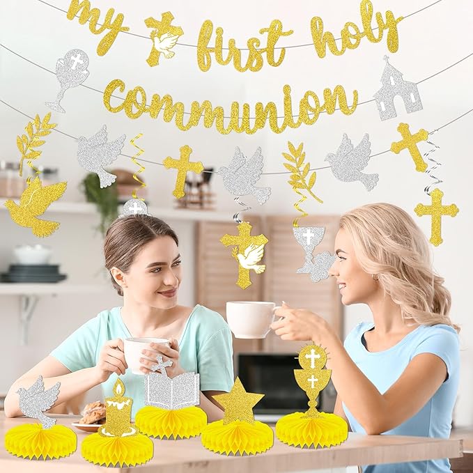 14PCS First Holy Communion Party Decorations My First Holy Communion Banners Hanging Swirls Glitter God Bless Cross Honeycomb Centerpieces For Christening Baptism Baby Shower Birthday Party Supplies