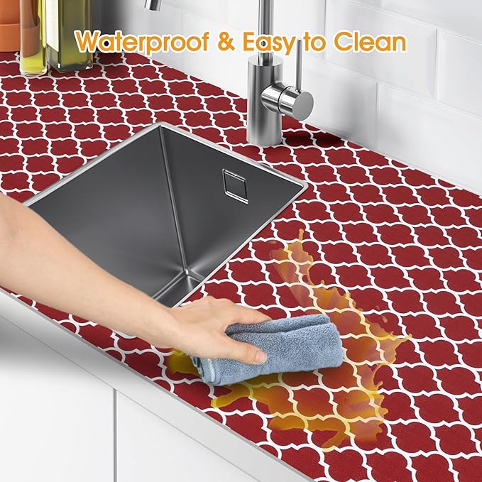 Shelf and Drawer Liner for Kitchen Cabinets Non-Adhesive, Strong Grip Non-Slip Thickened Cabinet Liners for Shelves, Waterproof Mats for Dresser Cupboard, Red/White, 23 in x 30 Feet