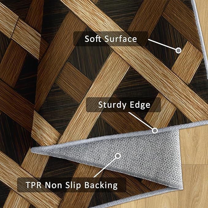 Checkered Rug, Washable 5x7 Rug for Living Room, Wood Grain Patterned Indoor Carpet, Checkered Geometric Decor for Home, Bedroom, Soft Non Slip Thin Design FER28