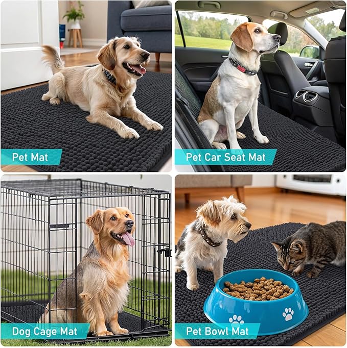OLANLY Dog Door Mat for Muddy Paws 34x21, Absorbs Moisture and Dirt, Absorbent Non-Slip Washable Doormat, Quick Dry Chenille Mud Mat for Dogs, Entry Indoor Entryway Carpet for Inside Floor, Dark Grey