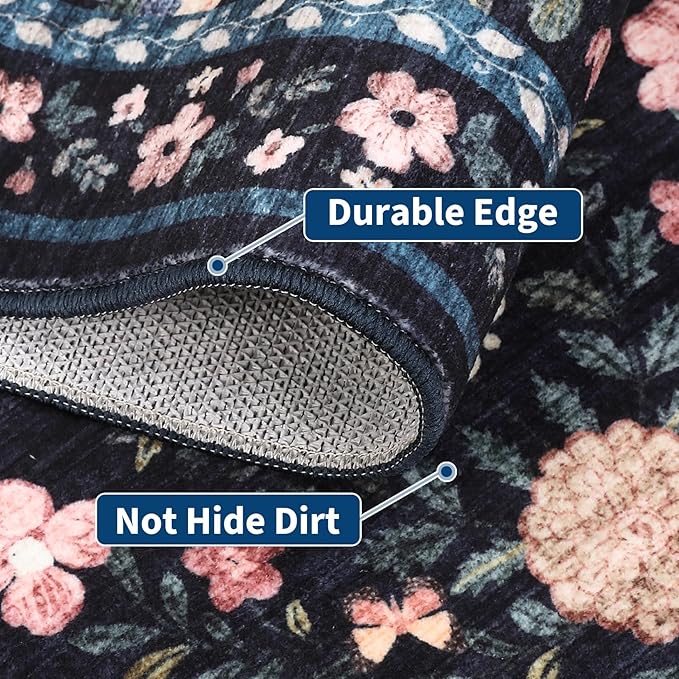 Floral Washable Rug 4x6, Non-Slip Low Pile Botanical Carpet, Vintage Farmhouse Area Rug for Bedroom Nursery Kids Room Home Decor, Dark Grey Blue