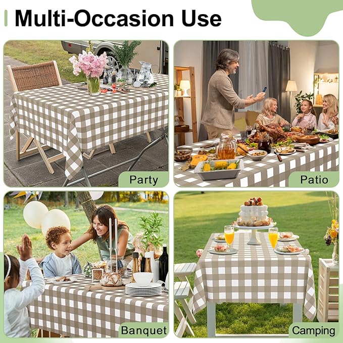 Smiry 20 Pack Khaki Gingham Disposable Tablecloths - 54" x 108" Heavy Duty Plastic Table Cloth, Waterproof Buffalo Plaid Table Covers for Picnic, Banquets, Outdoor Parties