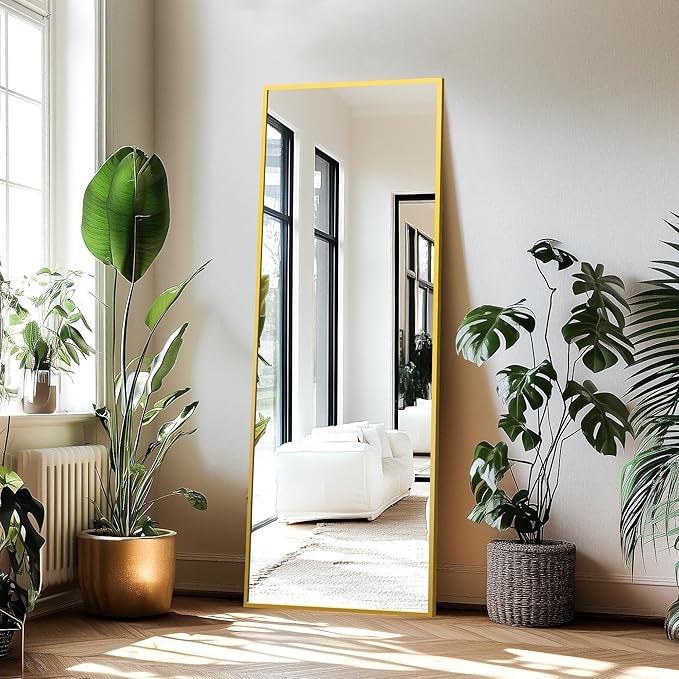 Delma Full Length Standing Mirror,Large Floor Mirror with Aluminum Frame for Bedroom, Bathroom, Living Room,Wall Mount or Freestanding Design(with Stand,Rect 69x24-Gold)