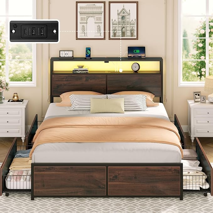 Rolanstar Queen Bed Frame with 4 Storage Drawers & 2-Tier Storage Headboard