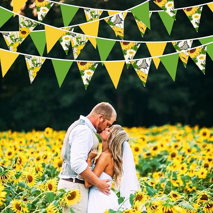 32Ft Yellow Green Pennant Banner Fabric Sunflower Butterfly Triangle Flag Bunting Garland for Spring Summer Party Decorations Birthday Wedding Baby Shower Tea Party Outdoor Garden Hanging Decorations