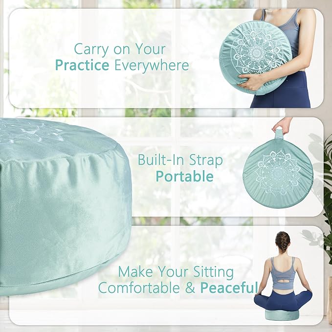 Hihealer Meditation Cushion, Traditional Tibetan Meditation Pillow Velvet Cover - Large Floor Cushion Seating for Adults - Yoga Buckwheat Bolster for Women、Moms