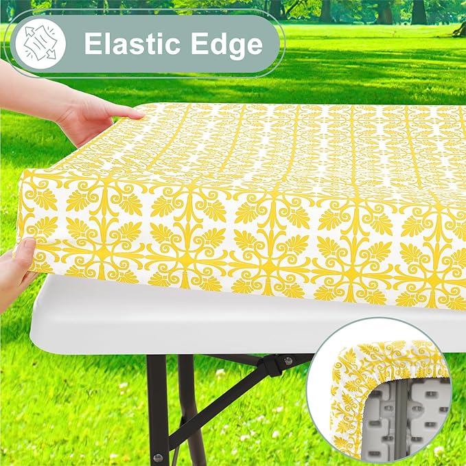 misaya Picnic Table Cover with Bench Cover, Waterproof Elastic Fitted Tablecloth for 5 Foot Tables, Rectangle Washable Polyester Tablecloths for Picnic, Camping, Outdoor (Yellow, 30" x 60")