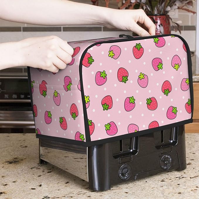 Pink Cute Strawberry 2 Slice Toaster Cover, Waterproof Toaster Dust Cover Bread Maker Protective For Small Kitchen Appliance Dining Room Home Table Decor Gifts