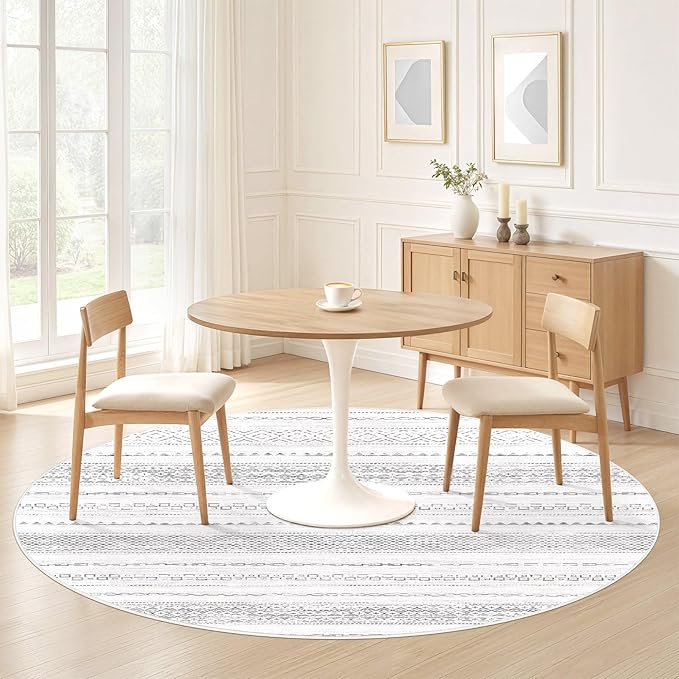 Nakagishi Round Rug Boho Area Rugs: 5x5 Washable Large Circle Neutral Soft Stain Resistant Non-Slip Carpet for Women Aged 25-45 Farmhouse Decor Enthusiasts - Living Room Bedroom Dining Room Nursery