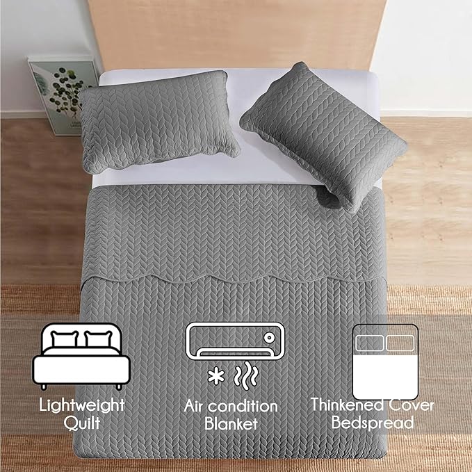IR Imperial Rooms King Quilt Bedding Set Size (106" x 96") + 2 Pillow Shams (20" x 36"+ 2") - 3 Pcs All Season Lightweight Reversible Microfiber Coverlet Embossed Quilt Bedspread (Grey)