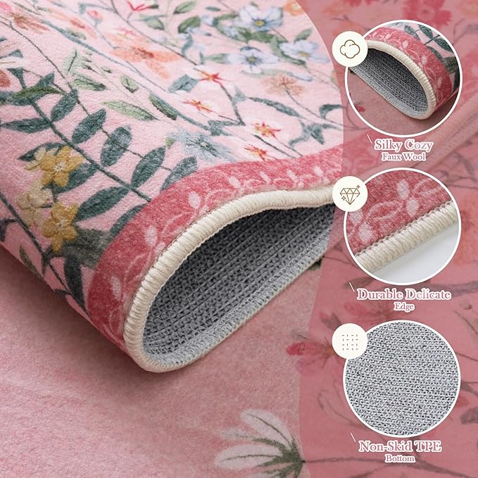 Wonnitar Washable Rug, 5x7 Pink Rugs for Living Room, Floral Print Non-Slip Area Rugs for Bedroom Girls, Soft Large Throw Carpet for Kids Nursery Room (Pink,5'x7')