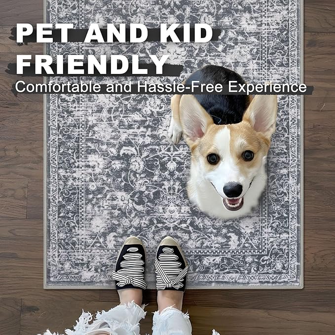 KILOCOCO Area Rug 5x7 Living Room Rug Washable Printed Vintage Floral Non Slip Soft Rubber Backed Indoor Bedroom Rugs for Laundry Room Kitchen Playroom Moroccan Area Rugs, Grey