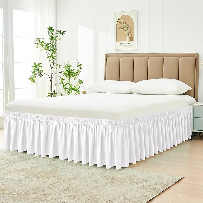 Biscaynebay Wrap Around Bed Skirts for Twin & Twin XL Beds with Long Drop of 18", White Adjustable Elastic Dust Ruffles Easy Fit Wrinkle & Fade Resistant Silky Luxurious Fabric Machine Washable