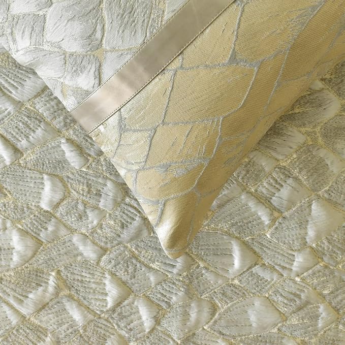 The HomeCentric King/Queen/Twin Ivory & Gold Decorative Twin 53"x18" Bed Runner Without Pillow Cover, Patchwork, Quilted, Jacquard Foil Bed Scarf on Jacquard Fabric - Spinzar