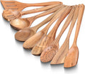 INTAJ Teak Wooden Spoons for Cooking, 9-Piece Handmade Kitchen Utensil Set
